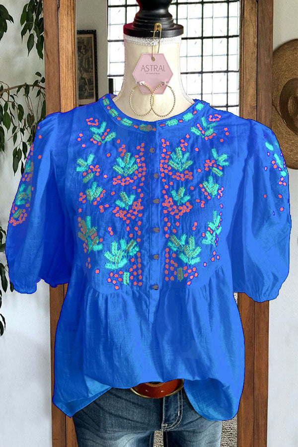 Casual Embroidered Button Blouse