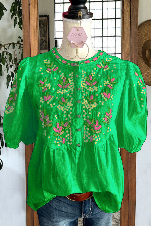 Casual Embroidered Button Blouse