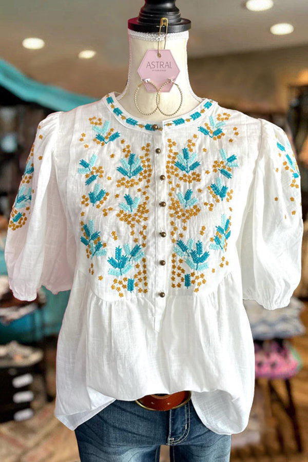 Casual Embroidered Button Blouse