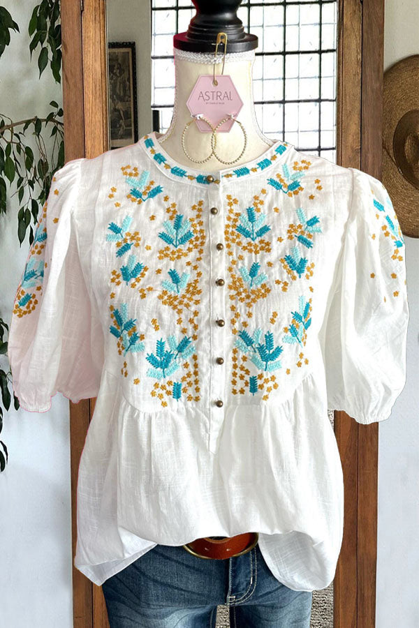 Casual Embroidered Button Blouse