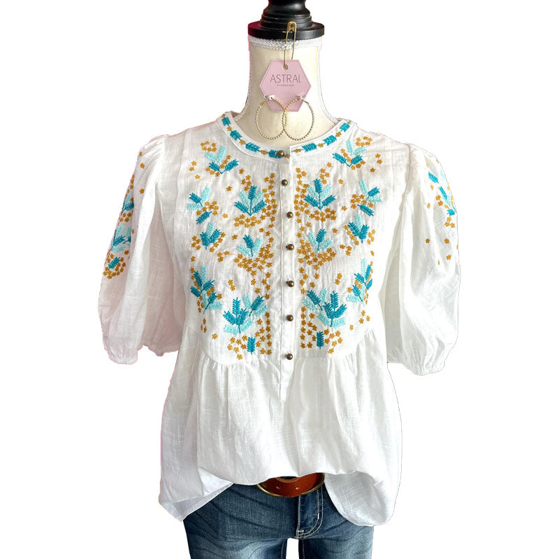 Casual Embroidered Button Blouse