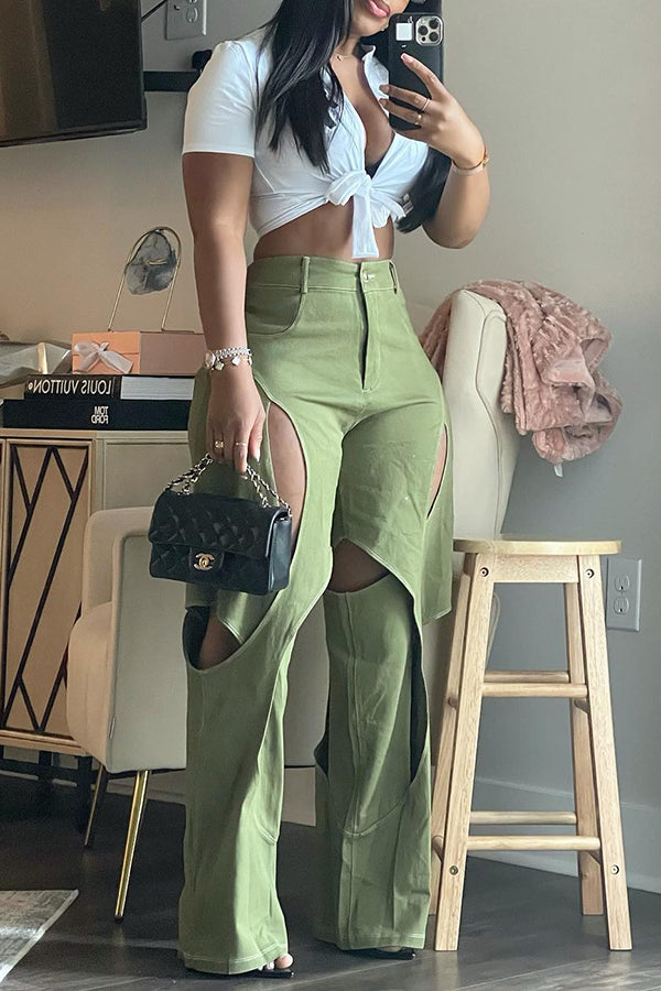 Fashion Casual High Waist Solid Color Cutout Straight Leg Trousers