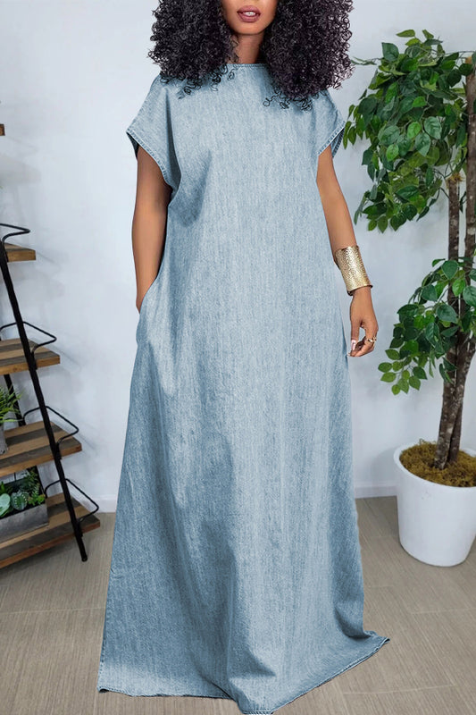 Vintage V-Cut Back Denim Maxi Dress