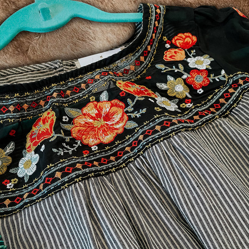 Black Floral Embroidery Striped Shirt