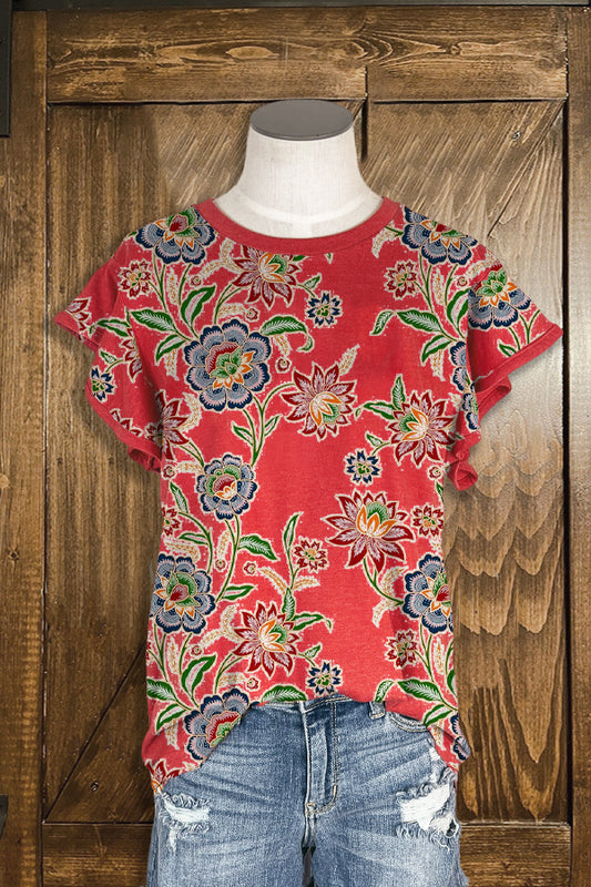 Vintage Ruffle Sleeve Stitching Flower Print Top