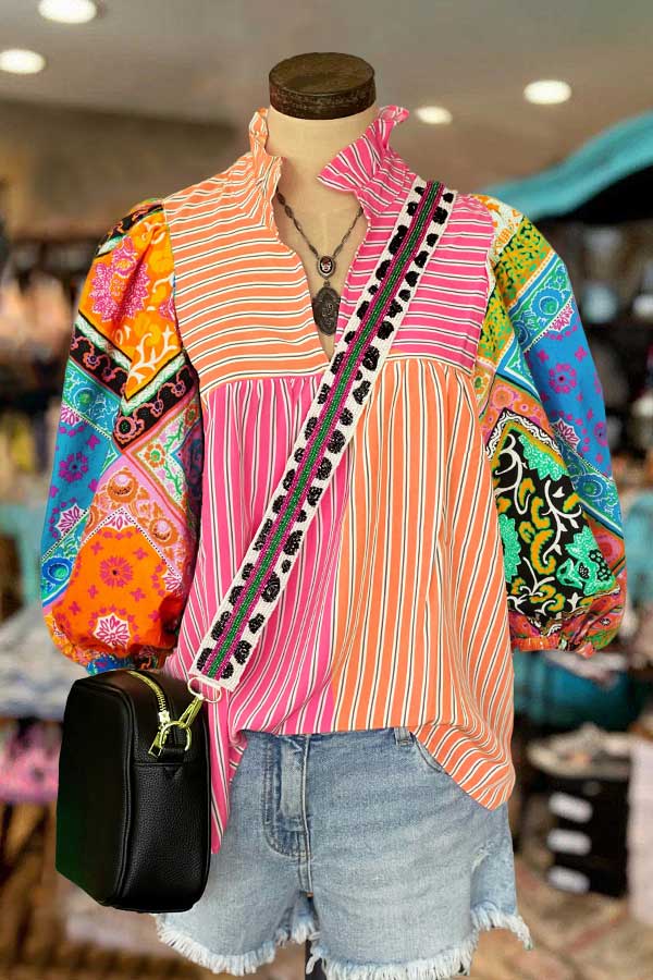 Casual Striped Print Contrasting Color Puff Sleeve Top