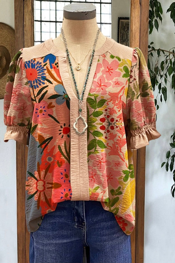 Contrast Color Flower Print Puff Sleeve Top