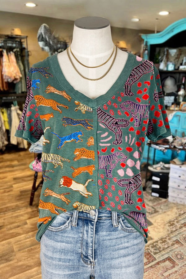 Casual Colorblock Animal Print Paneled Top