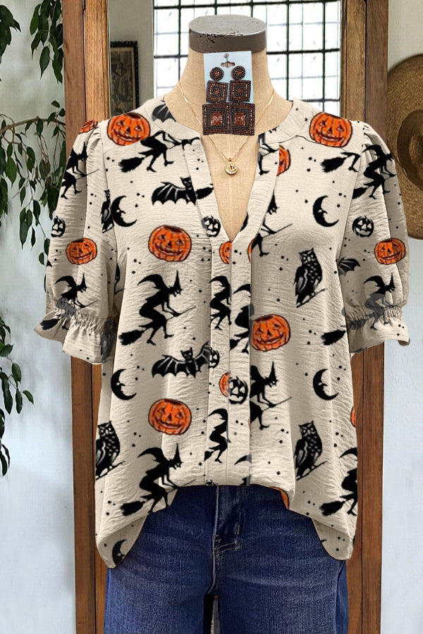 Elegant Puff Sleeve Stitching Pumpkin Print Top