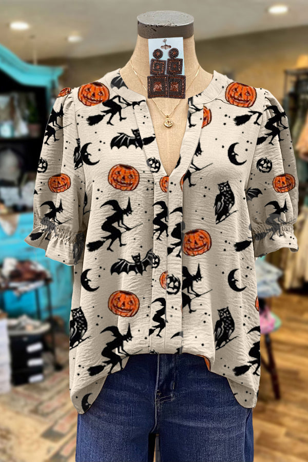 Elegant Puff Sleeve Stitching Pumpkin Print Top