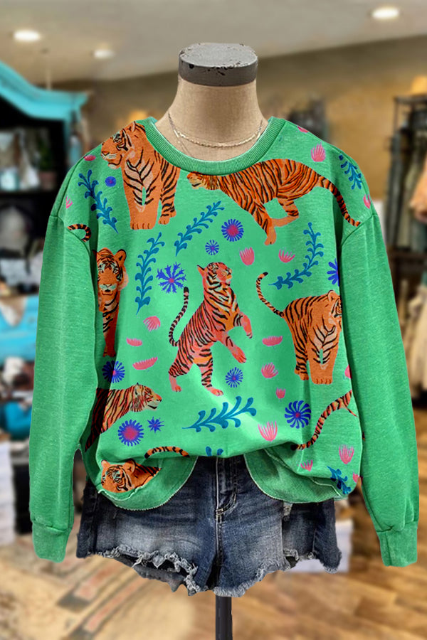 Casual Tiger Print Color Contrast Long Sleeved Sweatshirt