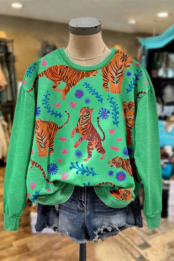 Casual Tiger Print Color Contrast Long Sleeved Sweatshirt