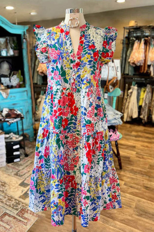 Multicolor Floral Ruffle Sleeve Layered Dress