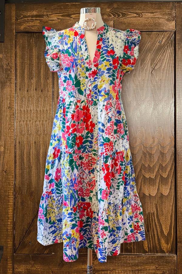 Multicolor Floral Ruffle Sleeve Layered Dress