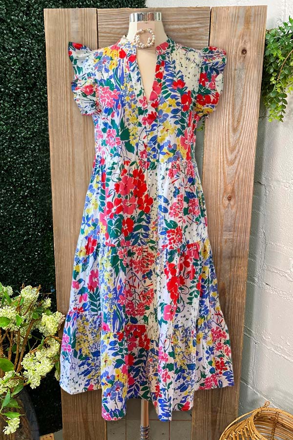 Multicolor Floral Ruffle Sleeve Layered Dress