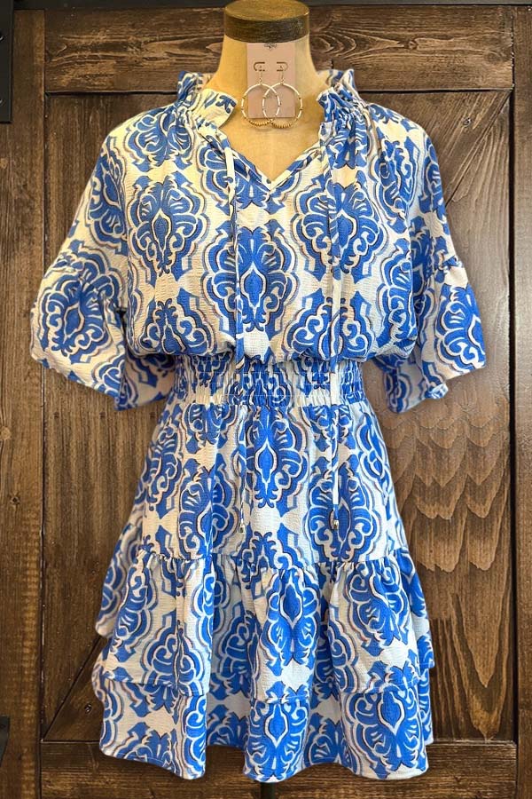 Ethnic Print Smocked Waist Mini Dress