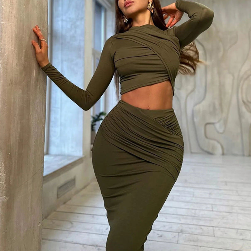 Women's Long-sleeved Crop Top Skirt Two-piece Set