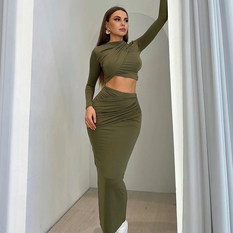 Women's Long-sleeved Crop Top Skirt Two-piece Set