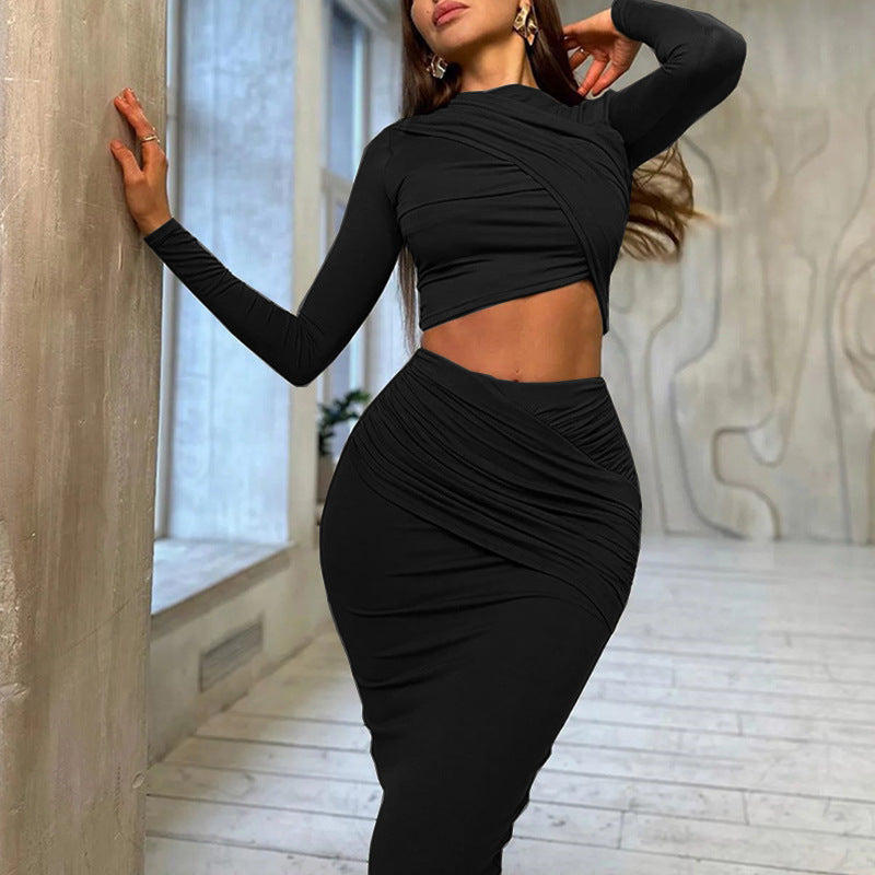 Women's Long-sleeved Crop Top Skirt Two-piece Set