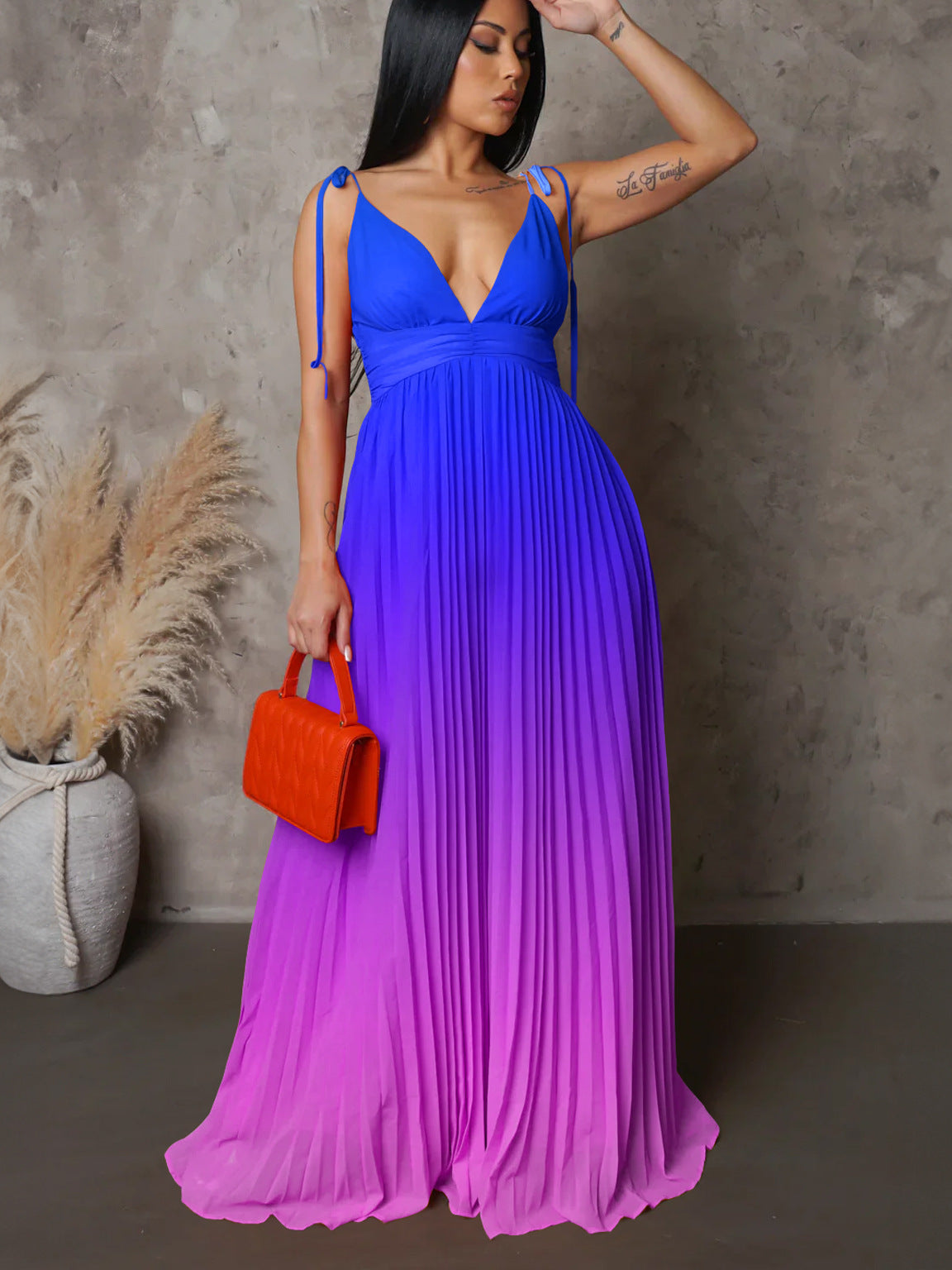 Halter Halter Sexy Drawstring Gradient Change Long Dress