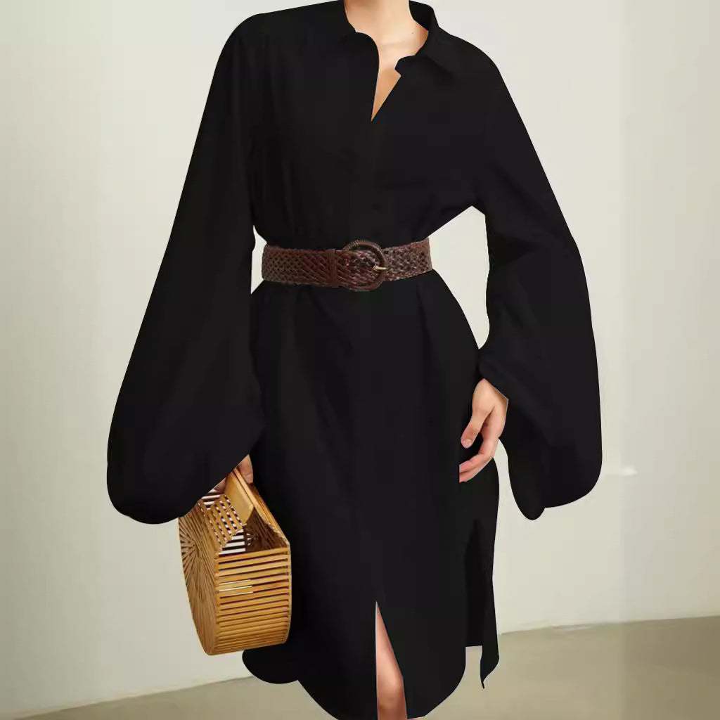 Women's Long-sleeved Shirt Slit Dress