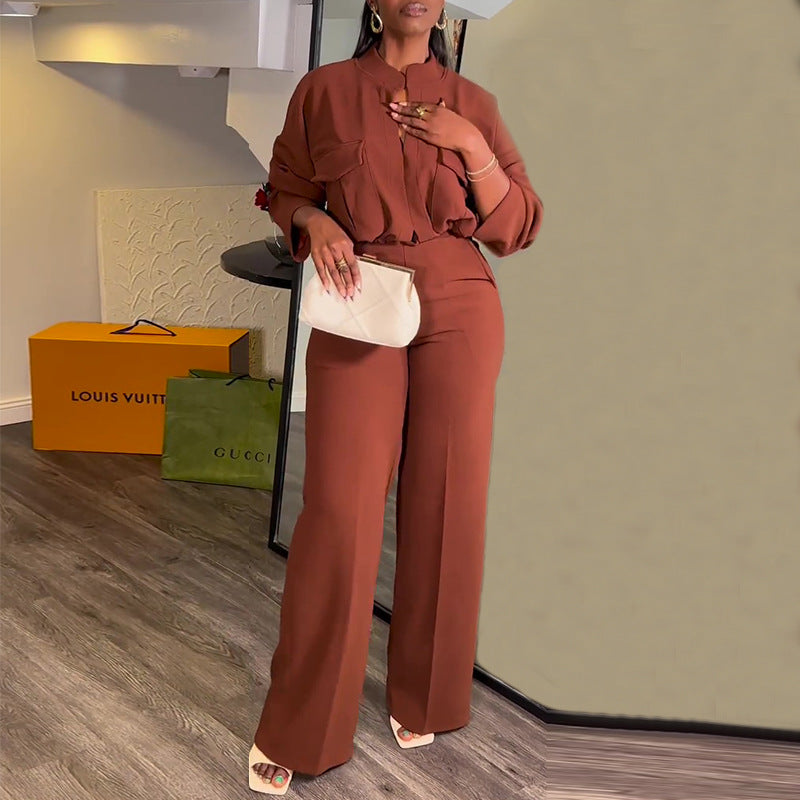 Casual V-Neck Long Sleeve Top Wide Leg Pant Suit