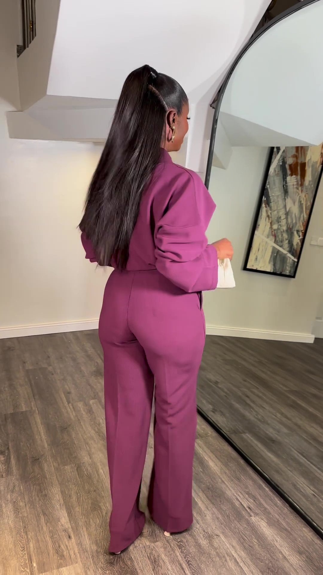 Casual V-Neck Long Sleeve Top Wide Leg Pant Suit