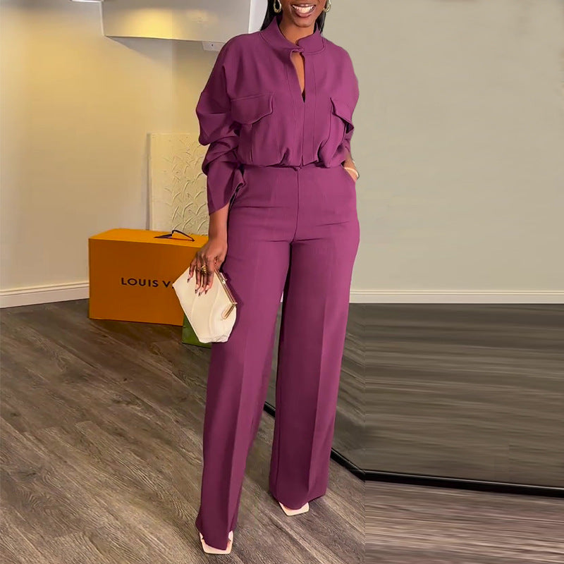 Casual V-Neck Long Sleeve Top Wide Leg Pant Suit