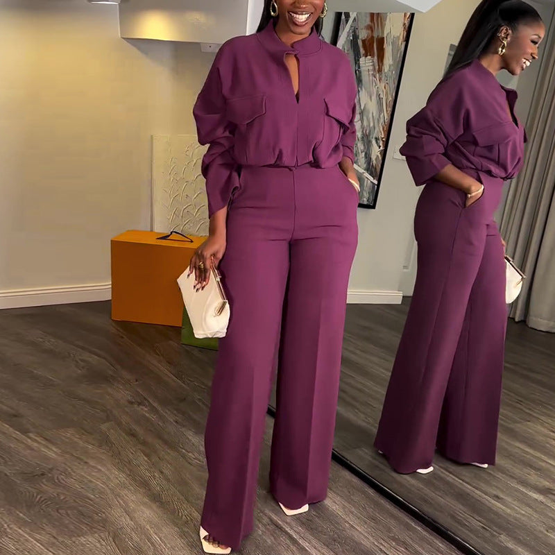 Casual V-Neck Long Sleeve Top Wide Leg Pant Suit