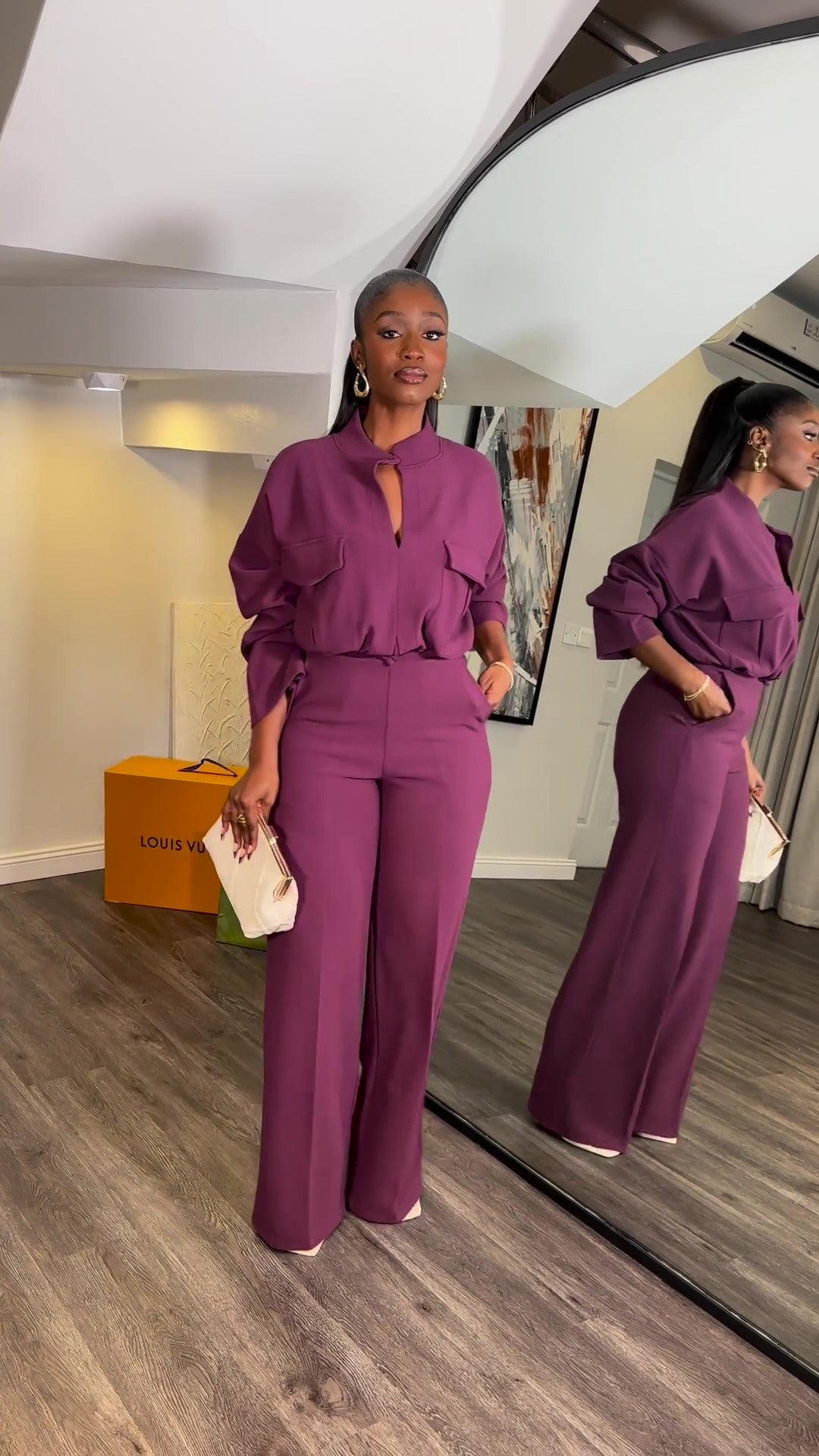 Casual V-Neck Long Sleeve Top Wide Leg Pant Suit