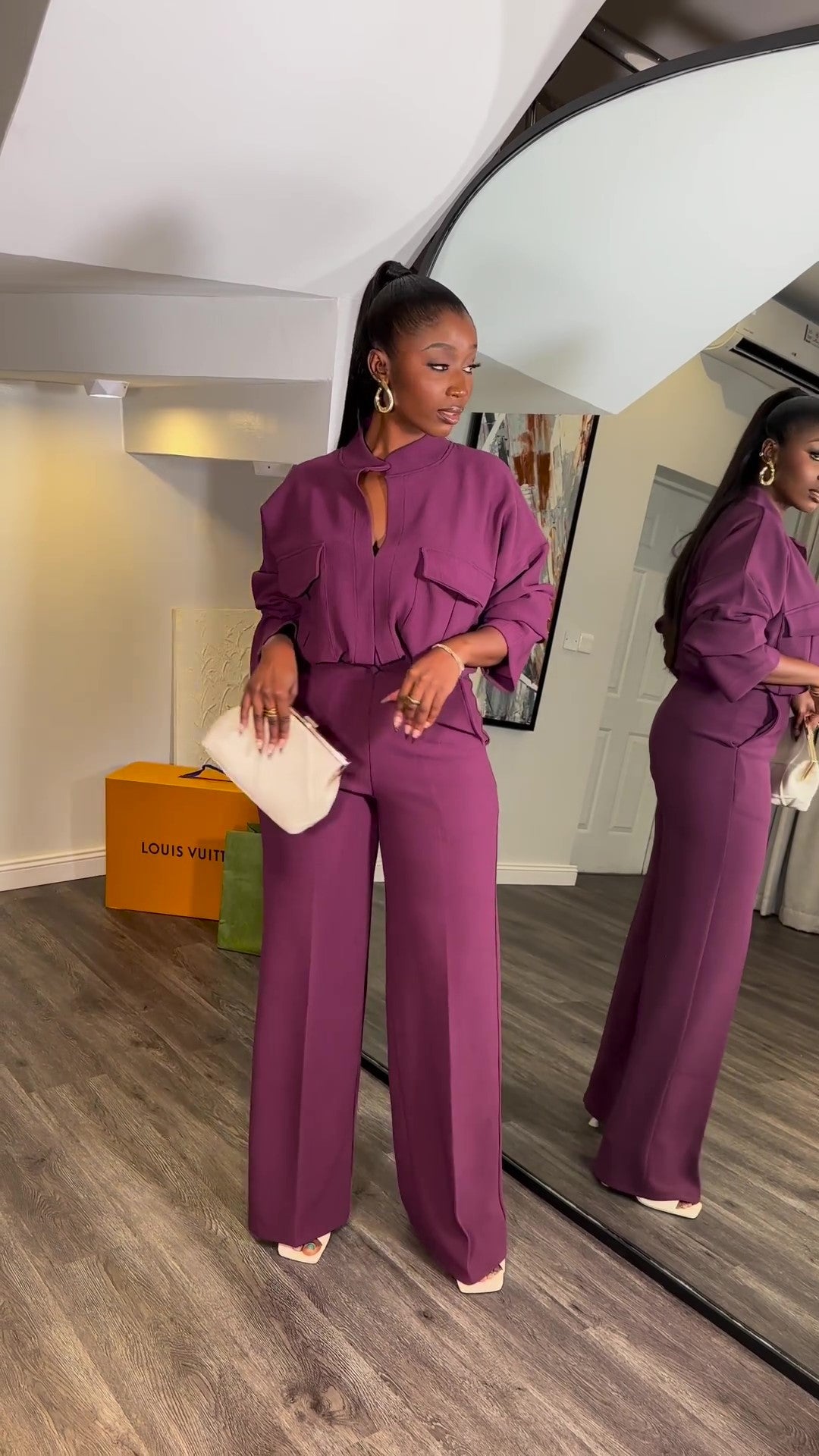 Casual V-Neck Long Sleeve Top Wide Leg Pant Suit