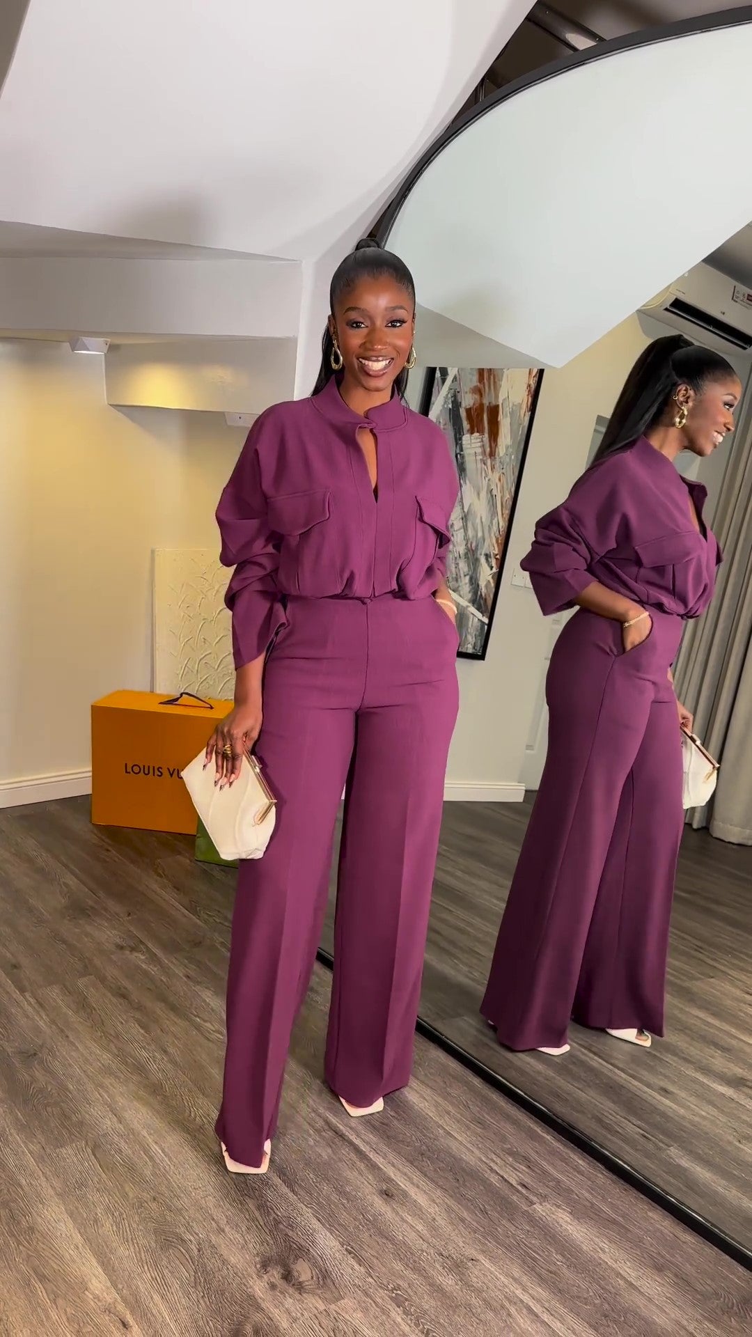 Casual V-Neck Long Sleeve Top Wide Leg Pant Suit