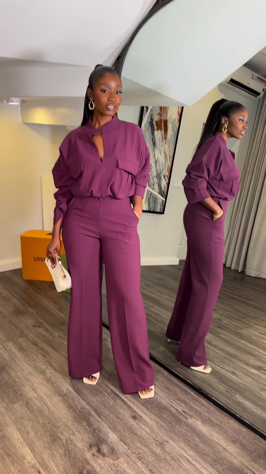 Casual V-Neck Long Sleeve Top Wide Leg Pant Suit