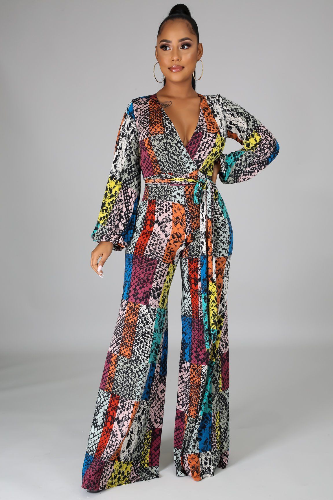 Fashion Printed Bell Bottoms Long Sleeve Jumpsuit Wide Leg Pants