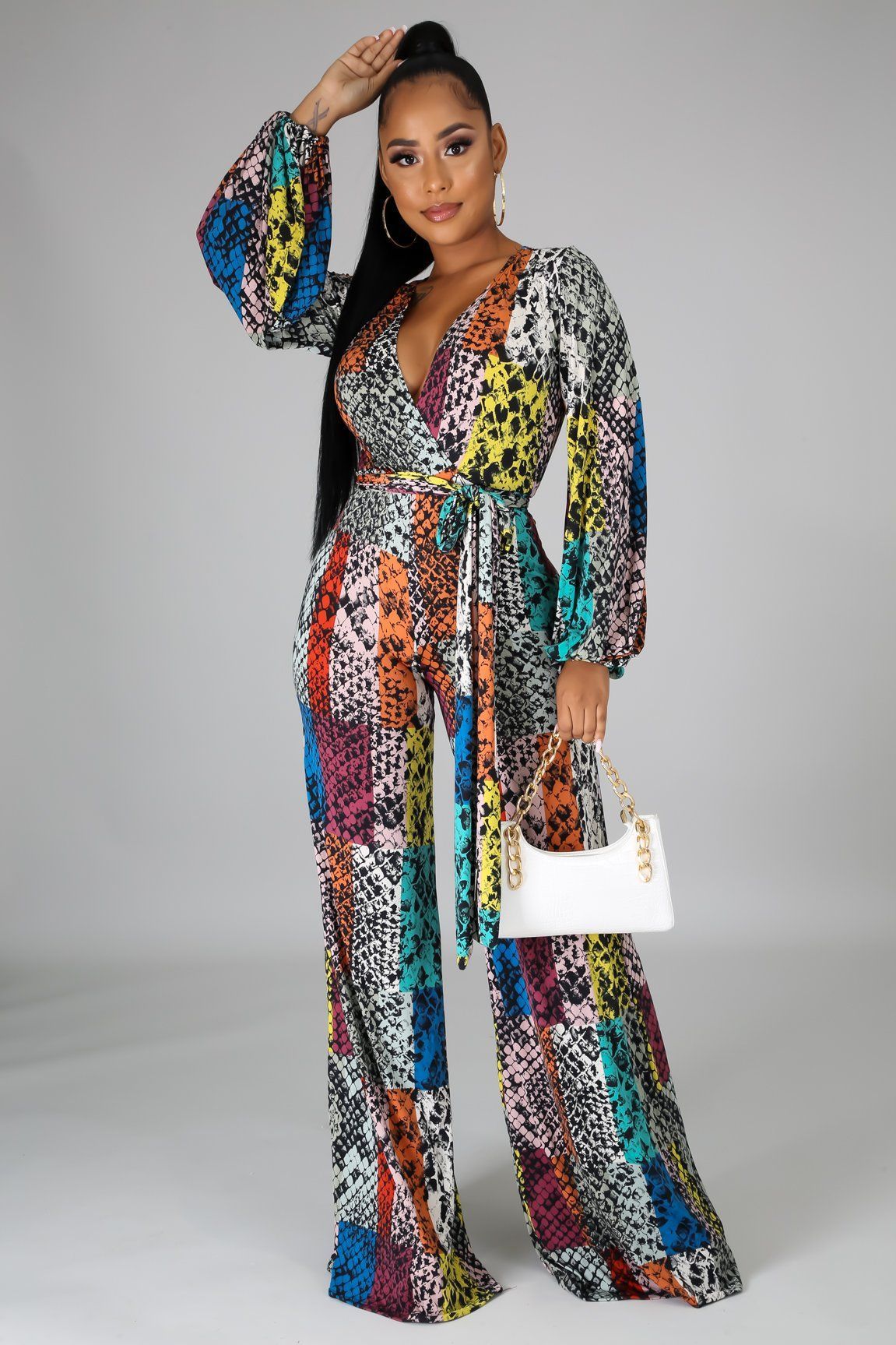 Fashion Printed Bell Bottoms Long Sleeve Jumpsuit Wide Leg Pants