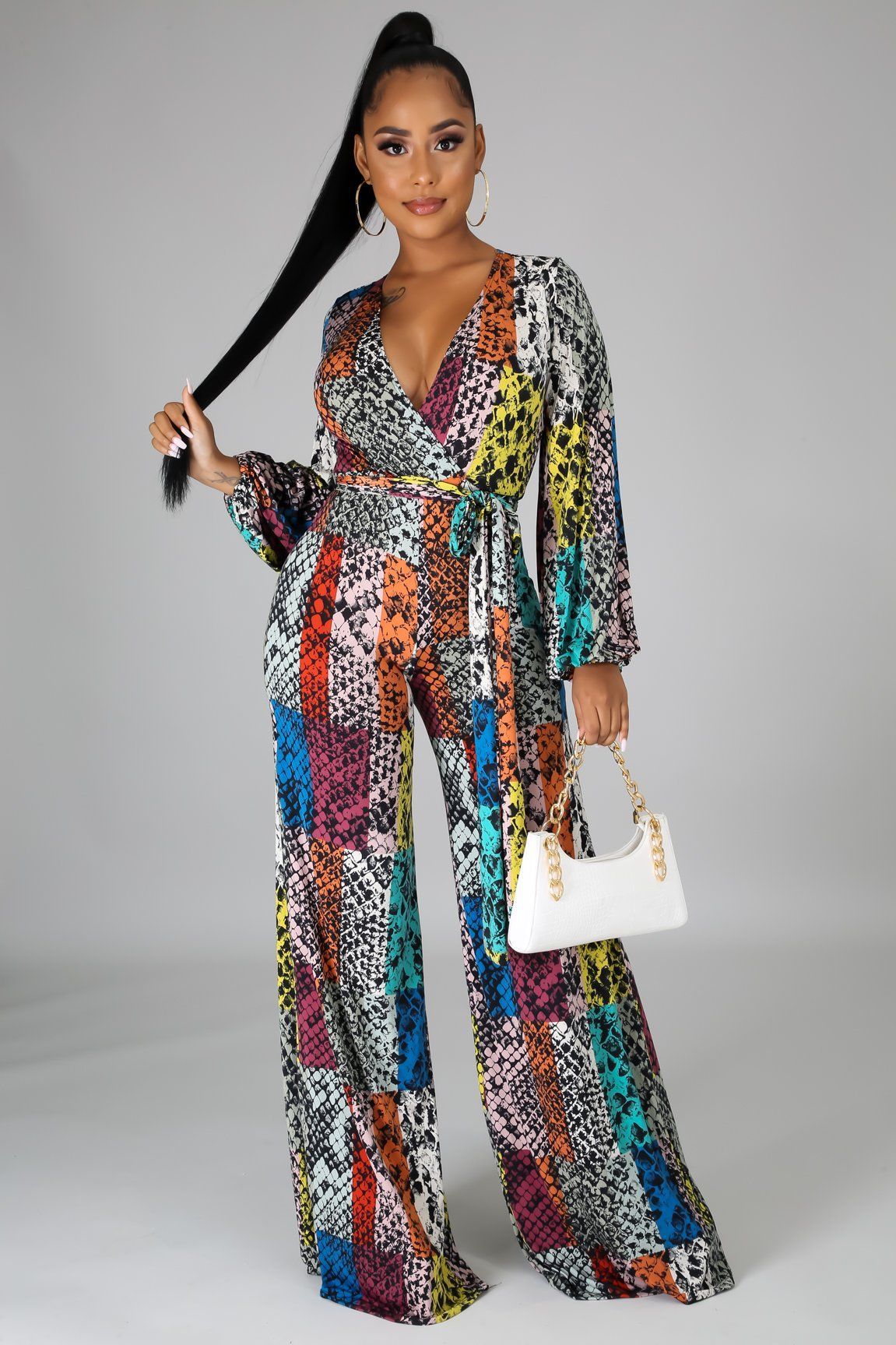 Fashion Printed Bell Bottoms Long Sleeve Jumpsuit Wide Leg Pants