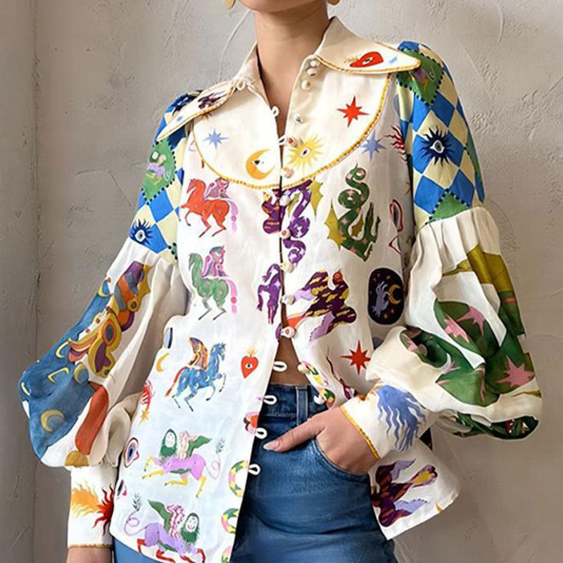 Loose Casual Cartoon Printed Lapel Single-Breasted Long-Sleeved Shirt