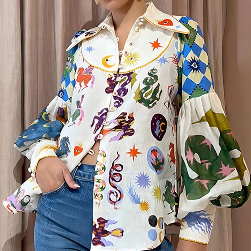 Loose Casual Cartoon Printed Lapel Single-Breasted Long-Sleeved Shirt