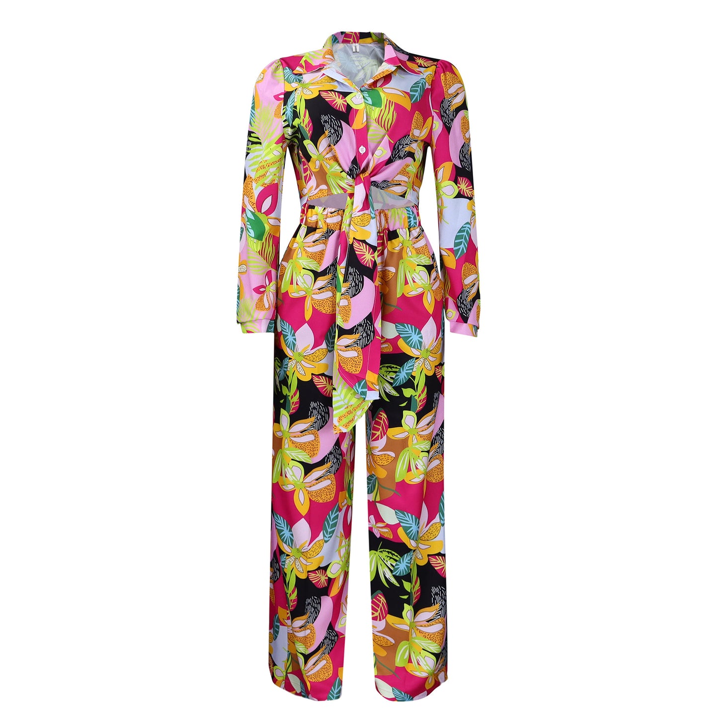 Stylish Printed Two-Piece Lapel Lace-Up Shirt Wide-Leg Trouser Suit