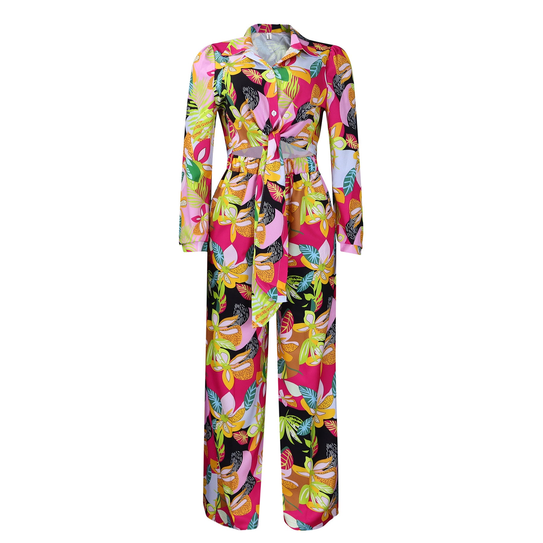 Stylish Printed Two-Piece Lapel Lace-Up Shirt Wide-Leg Trouser Suit