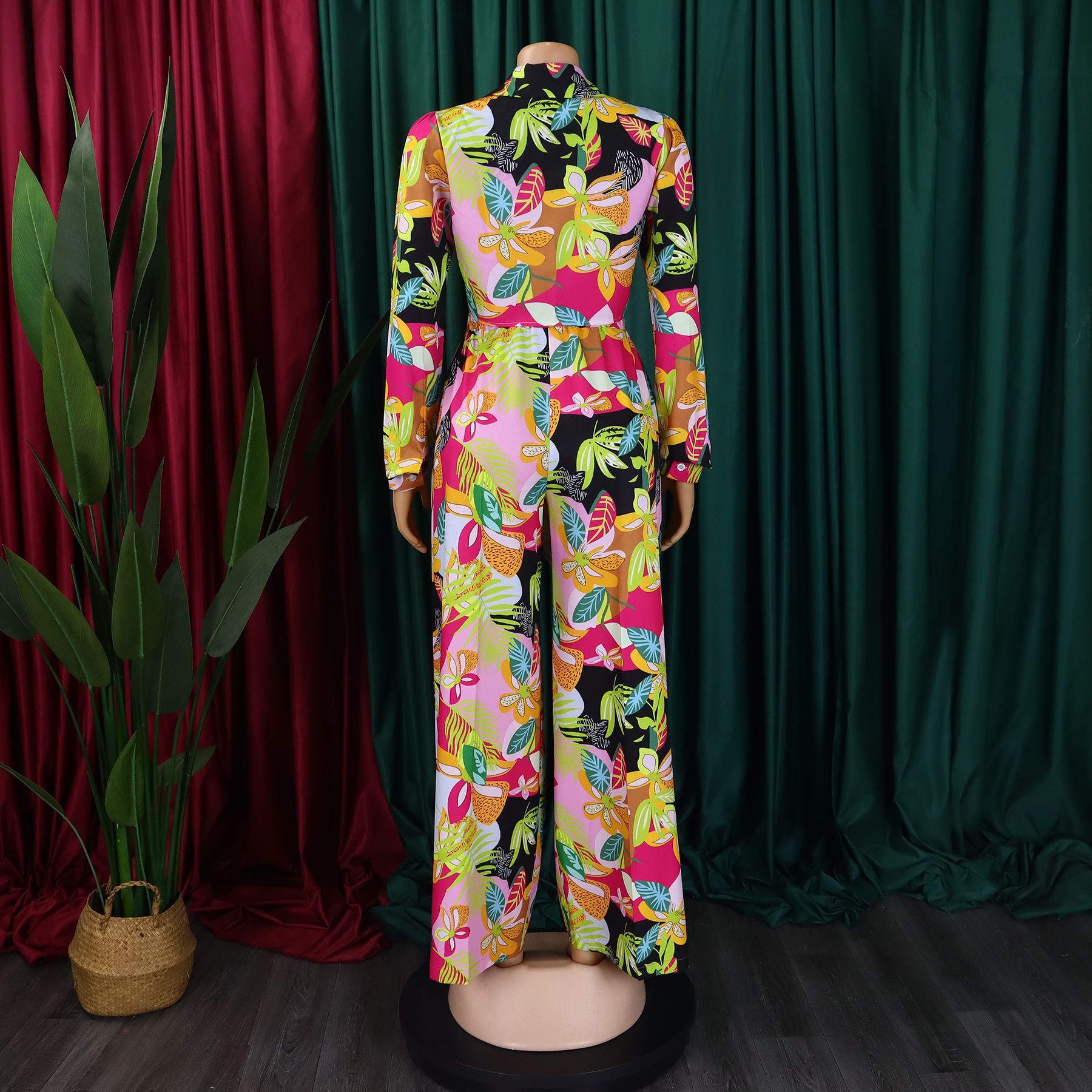 Stylish Printed Two-Piece Lapel Lace-Up Shirt Wide-Leg Trouser Suit