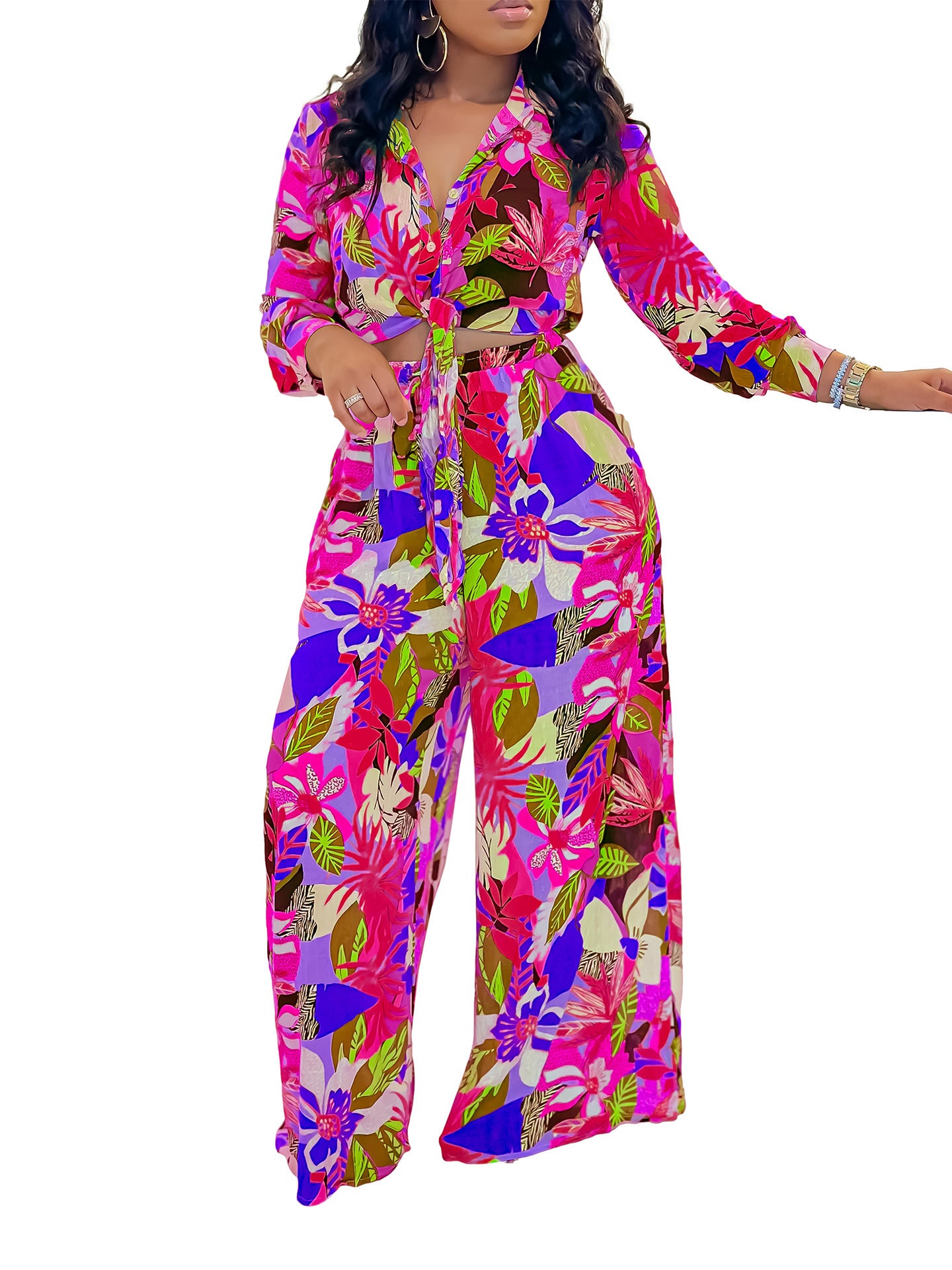 Stylish Printed Two-Piece Lapel Lace-Up Shirt Wide-Leg Trouser Suit