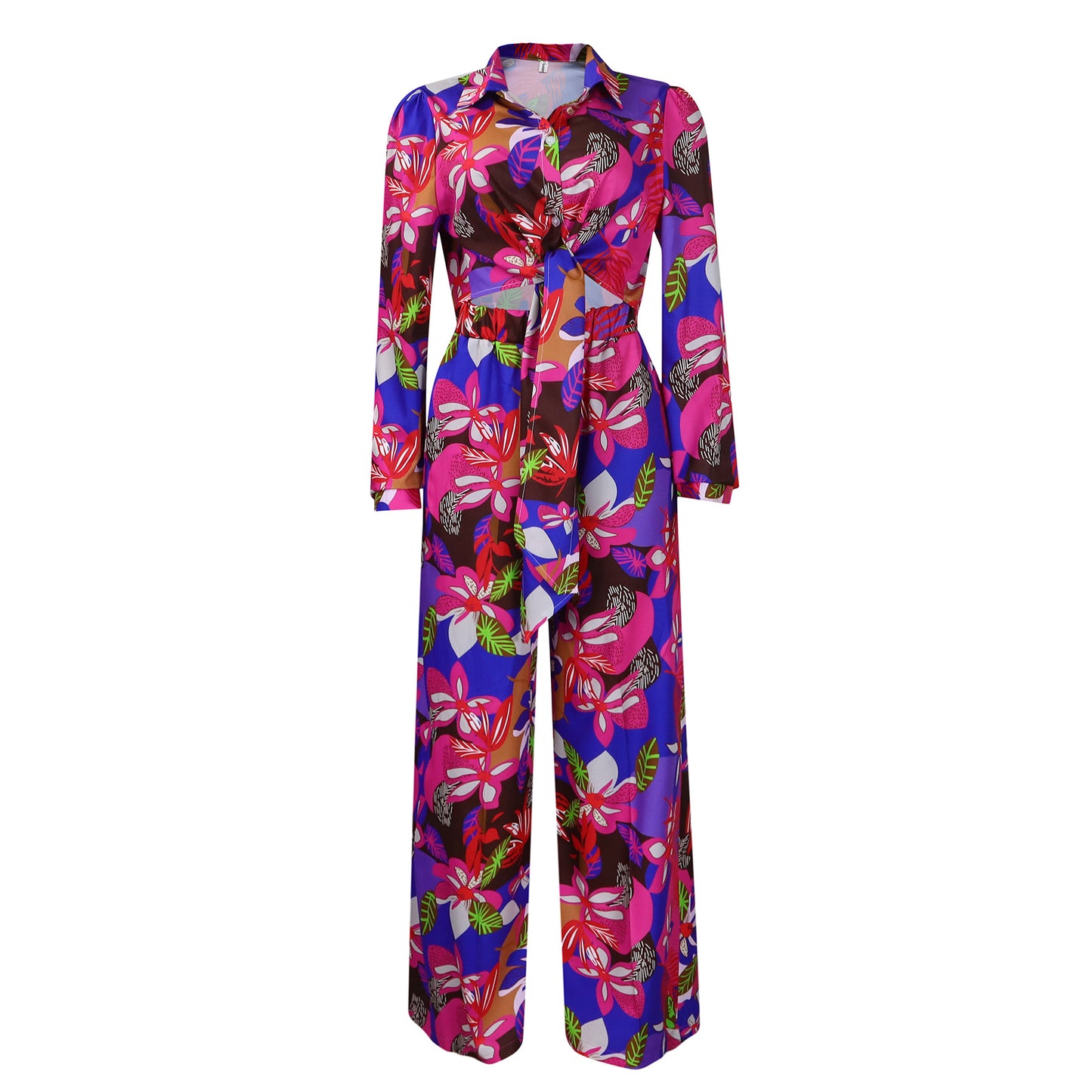 Stylish Printed Two-Piece Lapel Lace-Up Shirt Wide-Leg Trouser Suit