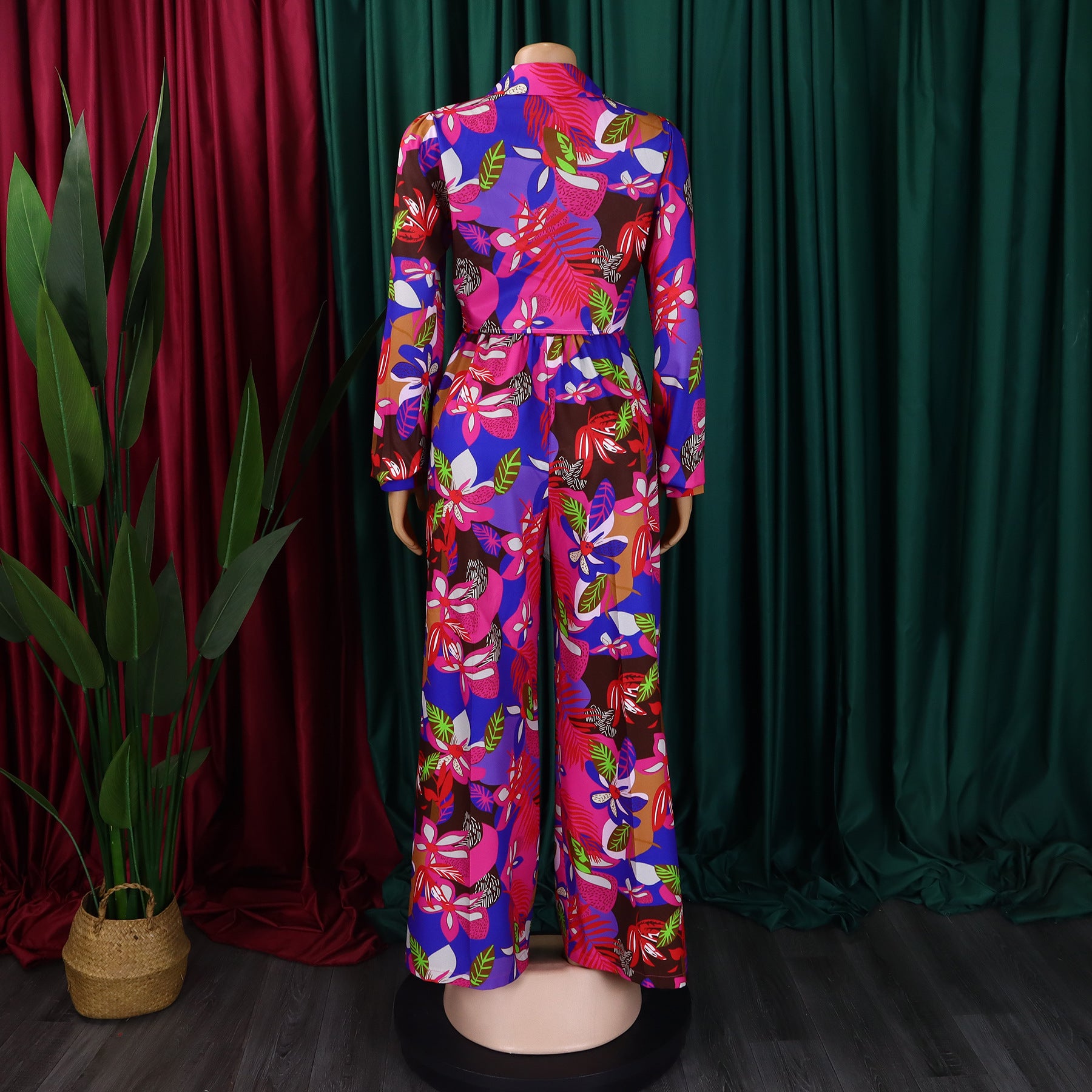 Stylish Printed Two-Piece Lapel Lace-Up Shirt Wide-Leg Trouser Suit