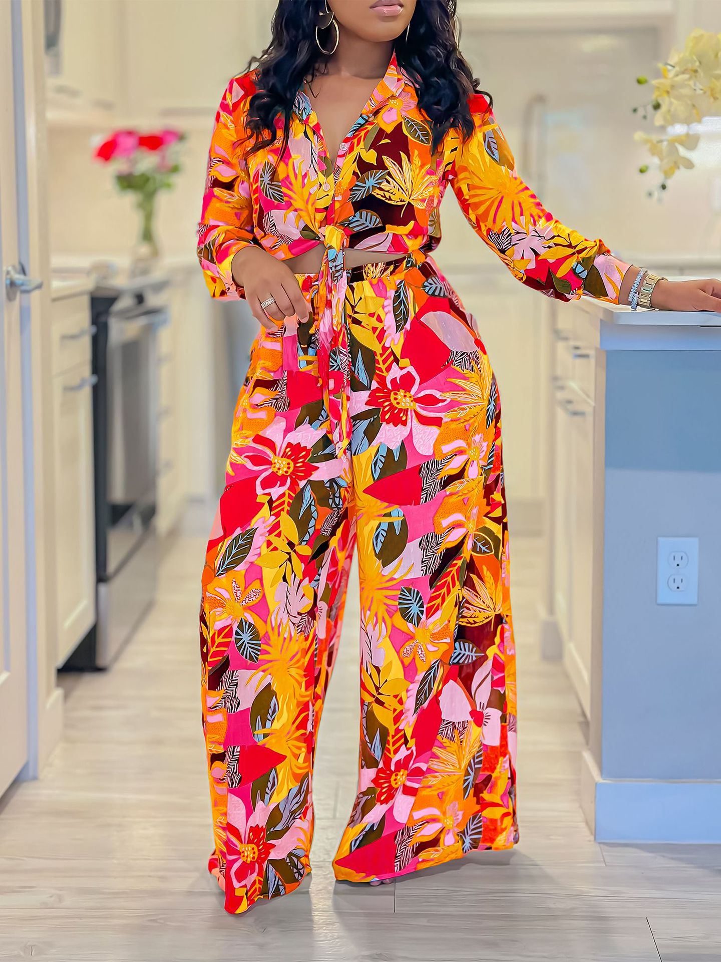 Stylish Printed Two-Piece Lapel Lace-Up Shirt Wide-Leg Trouser Suit