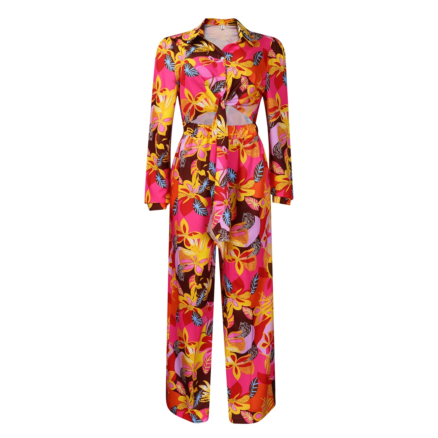 Stylish Printed Two-Piece Lapel Lace-Up Shirt Wide-Leg Trouser Suit