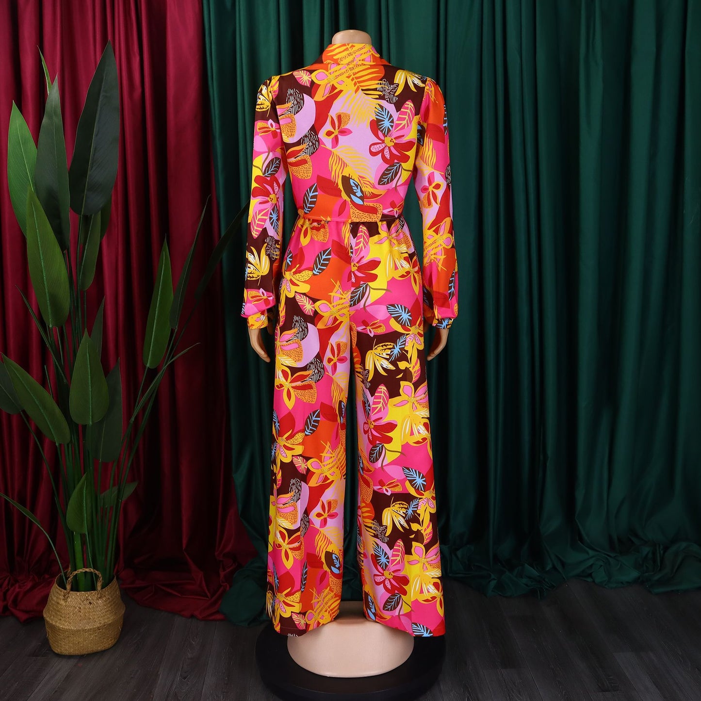 Stylish Printed Two-Piece Lapel Lace-Up Shirt Wide-Leg Trouser Suit