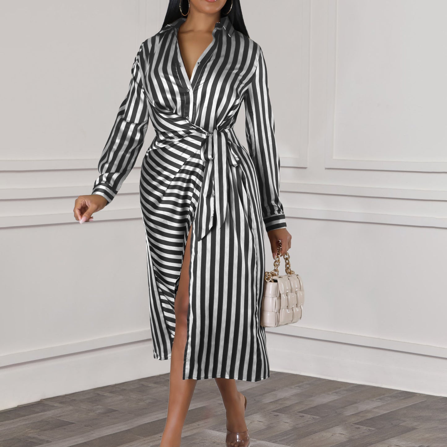 Fashion Striped Lapel Shirt Skirt Loose Long-Sleeved Dress