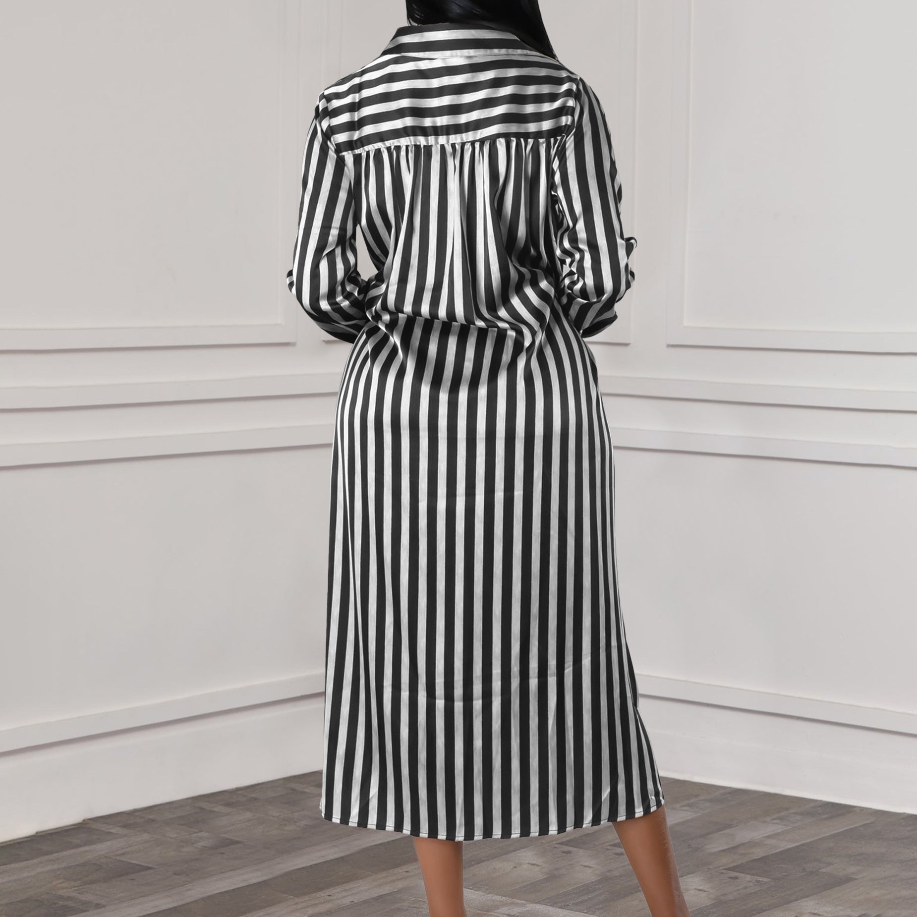 Fashion Striped Lapel Shirt Skirt Loose Long-Sleeved Dress