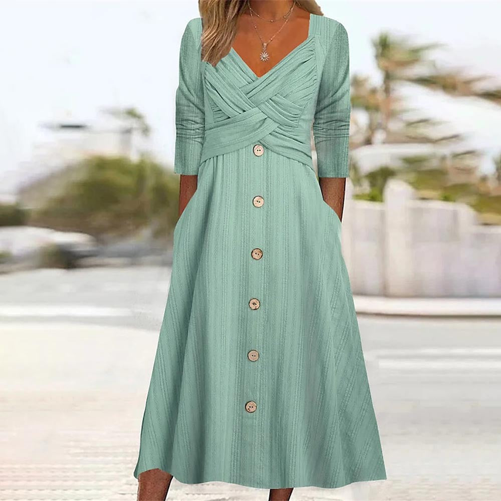 Solid Color Long Sleeve V-Neck Cross Button Casual Dress Long Skirt